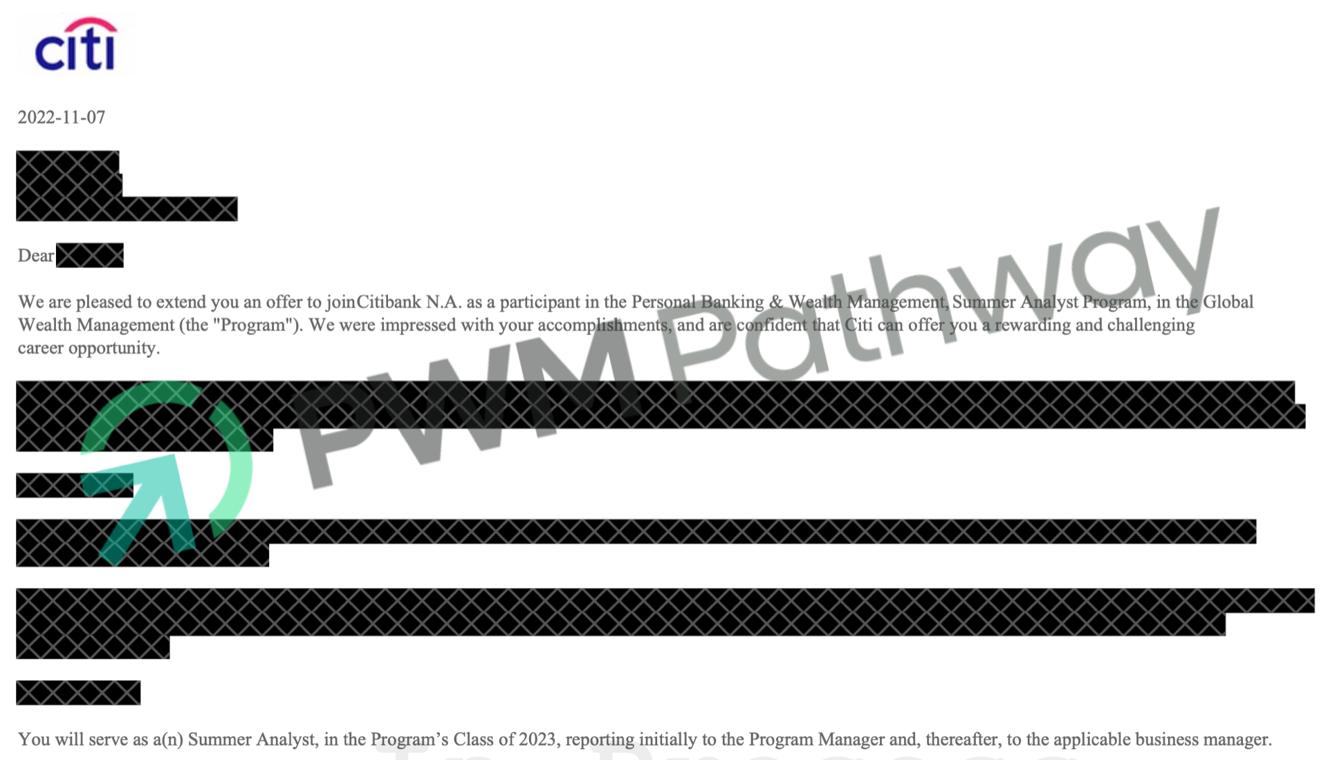 Student offer letter 3 from a top private bank